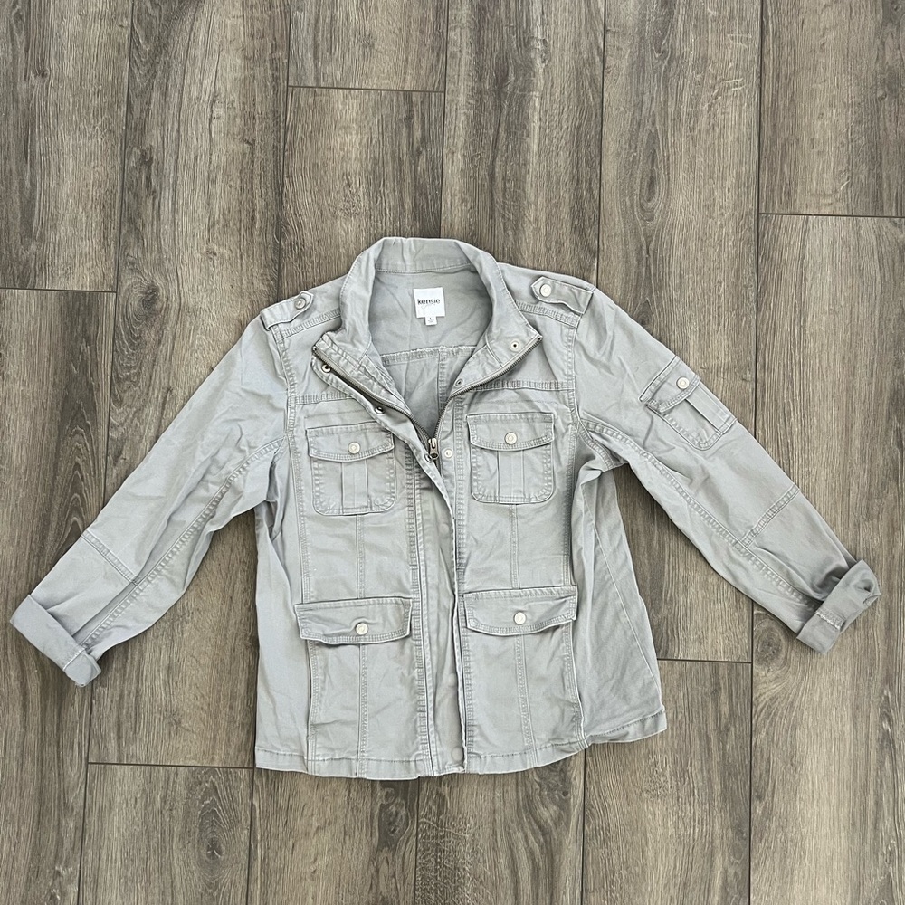 Kensie Jeans Military Utility Jacket Womens Size L Cargo Pockets Zip Front - Picture 1 of 14